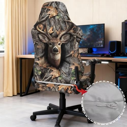 Camo Game Chair Cover Deer Hunting Non Slip Gaming Chair Covers Slipcovers 4Pcs with Armrest Cover Dustproof Washable Gamer Protector