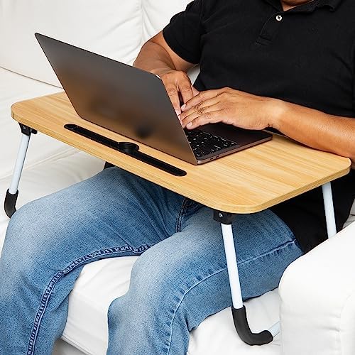 Mind Reader Lap Desk Laptop Stand with Folding Legs, Portable Bed Tray Table for Laptop, Breakfast, Reading, Crafts, MDF, Beige