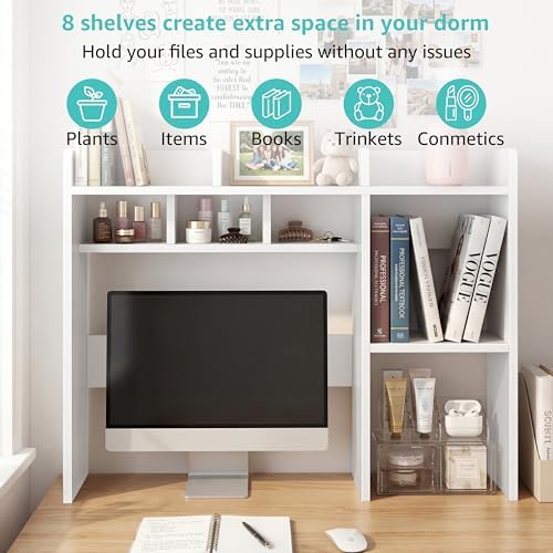 NUTIKAS Desk Hutch White Desktop Bookshelf Shelf - 37 Inch Computer Desk Organizer for Dorm Room, Wood Storage Rack for Home Office Desktop Display Shelves, Small Bookcase for Top of Desk