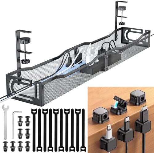 Cable Management Under Desk, 25.3'' No Drill Desk Cable Management Tray with Clamp, Metal Cord Organizer for Standing Desk, Computer Wire Management for Home Office & Gaming Setup, Black