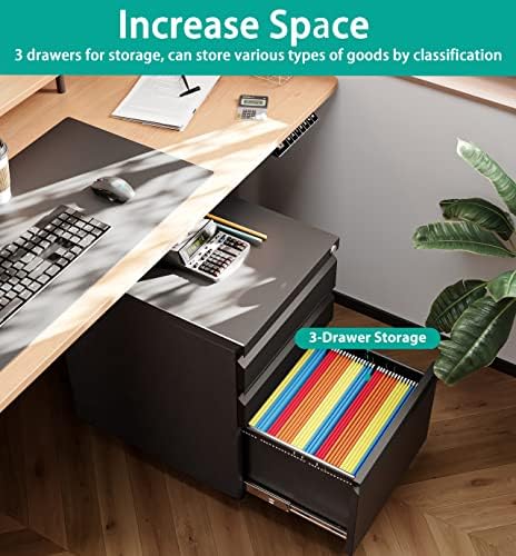 SISESOL 3 Drawer Mobile File Cabinet with Lock,Black Under Desk File Cabinets with Wheels,Rolling Metal Filing Cabinet for Home Office,Fit Legal/Letter/a4 File,Fully Assembled Except Caster