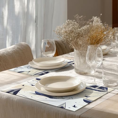 Shrahala Maritime Ocean Set of 8 12 X 18 Inch Linen Placemats, Boat Nautical Elements Burlap Table Mat Washable Double Layered Heat Insulation for Indoor/Outdoor