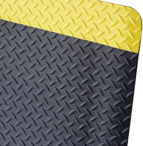 Anti-Fatigue Mat: 7' Long, 3' Wide, 11/16 Thick, Vinyl, Beveled Edges, Heavy-Duty - Diamond Plate Surface, Black & Yellow, for Dry Areas