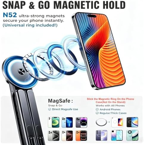 4-in-1 Foldable Laptop Stand with N52 Magnetic Phone Holder, Portable Aluminum Computer Stand for MacBook/ iPad/ Tablet, Adjustable Ergonomic Desk Stand for Home Office College Dorm & Travel Giftable