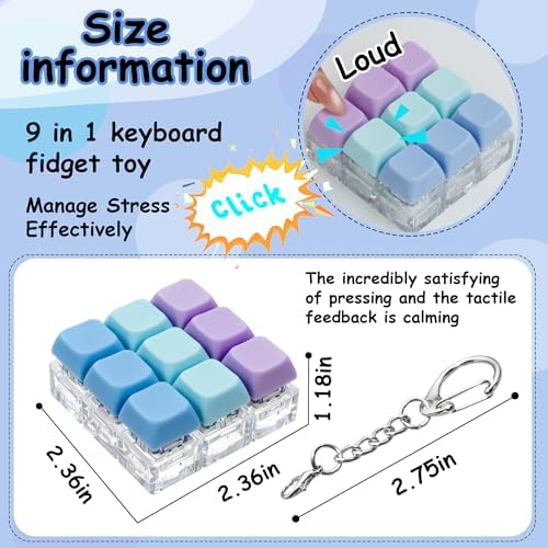 Keyboard Fidget Toy, Keyboard Fidget Keychain 9-in-1 Keyboard Decompression Button Finger Clicker Toys Stress Relief Fidget Gifts (3 Colors- Blue Purple)