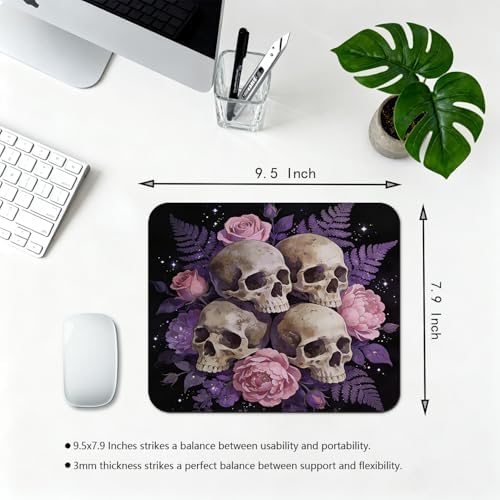 9.5x7.9 Inch Office/Gaming Mouse Pad, Vintage Pink Gothic Floral Skull Purple Black Design, Cute Anti-Slip Mat for Desk Decor