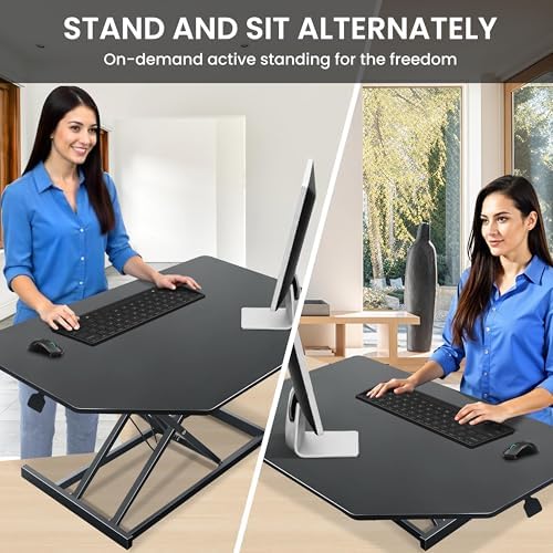 Aconcept 38 inch Black Corner Height Adjustable Standing Desk Converter, One-Click Sit to Stand up Desk Riser, Pre-Assembled for Dual Monitor and Laptop Workstation