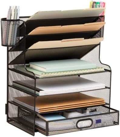 Mind Reader Mesh Desk Organizer, 6 Compartments, 1 Drawer, 2 Pen Cups, Office Desktop Organizer, Metal Mesh, Black