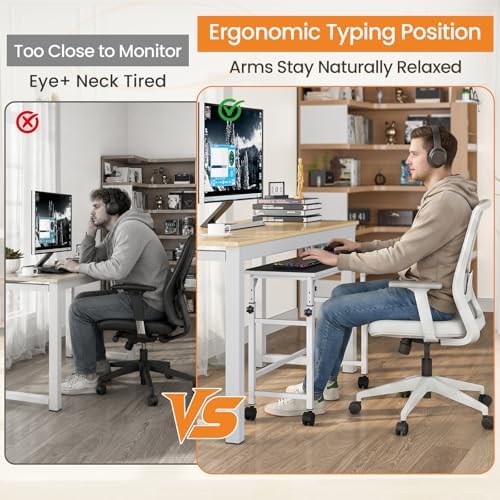 Snughome Mobile Keyboard Tray with Mouse Pad, Height Adjustment 21.6"-31.1", Keyboard Standing Desk, Rolling Under-Desk Extender with Lockable Casters, Desk Accessories for Home Office, White