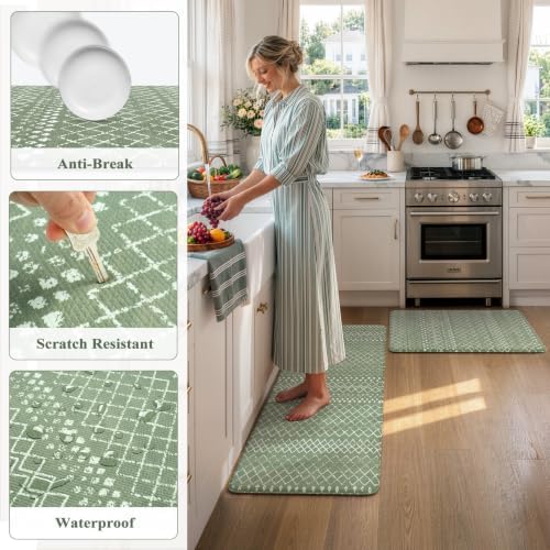KIMODE Kitchen Anti Fatigue Mats, Green Farmhouse Kitchen Rugs Sets of 2