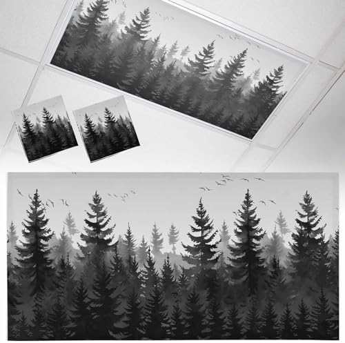 Forest Magnetic Fluorescent Light Covers for Ceiling Lights 2 x 4 Feet, Rustic Grey Foggy Pine Tree Anmal Birds Office Classroom Kitchen Drop Ceiling Light Covers Lighting Filters Shade Panel 2 Packs