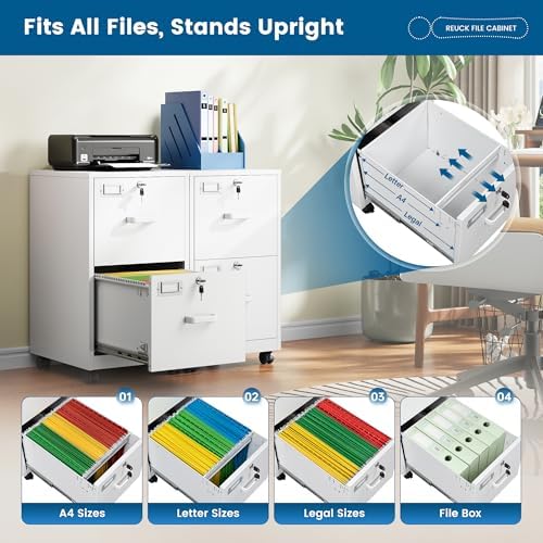 PEUKC 2 Drawers Mobile File Cabinet with Lock, Under Desk Rolling File Cabinet for Home Office, Organizes Letter Legal A4 Files, White(Assembly Required)