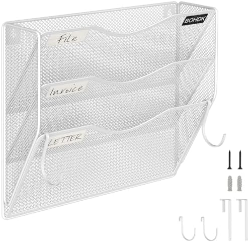 BOHDK Wall File Organizer, 3 Tire Hanging File Folder Mail Organizer, Vertical Mesh Metal Door/Wall Mount Hanging File Organizer, Paper Document Magazine Rack with Hooks for Home Office White