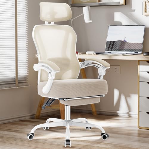 Ergonomic Office Chair with Footrest,Ultra Thick Desk Chair,Cream