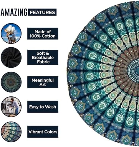 raajsee Turquoise Round Beach Tapestry Hippie/Boho Beach Blanket Mandala/Indian Cotton Throw - Round Tablecloth/Home Decor/Indie Rug Yoga Mat Meditation Picnic Rugs 127 CM / 50 INCHE Circle