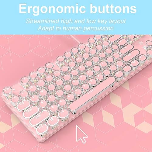 YSCP Typewriter Style Mechanical Gaming Keyboard White Backlit Wired with Blue Switch Retro Round Keycap 104 Keys Keyboard (Pink)