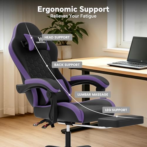 Gaming Chair, Computer Office Chair with Footrest, Adjustable Height & Backrest Gaming Chairs with Swivel for Adults, High Back PU Leather Ergonomic Chair with Lumbar Support, Blackpurple