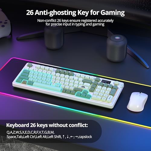 Fogruaden 96% Wireless Green Keyboard with Number Pad and Knob, Mechanical Feel, RGB Quiet Matcha Membrane Gaming Keyboard, Spill-Resistant, 3-Modes USB Rechargeable Silent Creamy Keyboard for Win/Mac