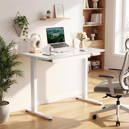 YDN Glass Standing Desk with Drawers 32x19 Inch White