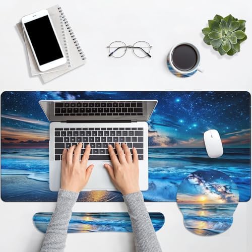 Britimes Keyboard Mouse Pad Set, 4 in 1 Desk Mat Set, Blue Ocean