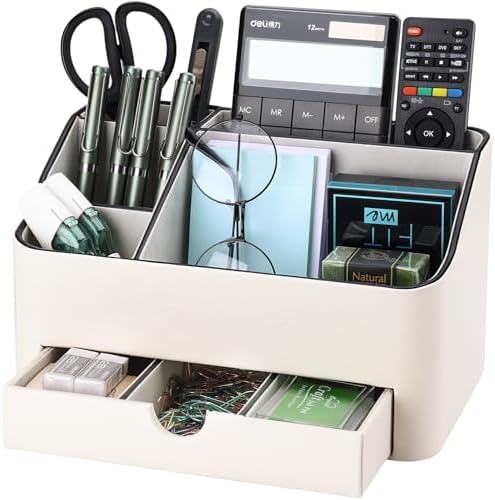 KINGFOM PU Leather Desk Organizer with Drawer, 5 Compartments Desktop Storage Caddy for Office Home Supplies, Pen Holder for Remote Control, Phone & Accessories, Mail Organizer Countertop Ivory White