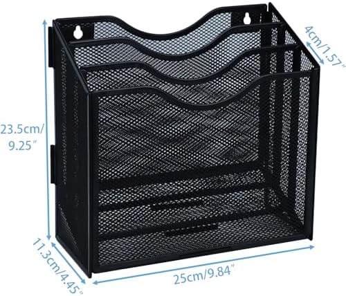 Metal Desktop File Organizer with 3 Vertical Compartments Wall Mounted Mail Paper Document Folder Holder Magazine Storage Rack for Home Office Classroom,Black