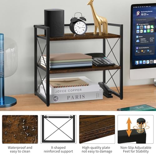 YINMIT Desktop Shelf Organizer, 2 Tier Office Shelves, Wood Desk Organizer Storage Rack and Freestanding Display Shelf for Office, Dormitory, Home