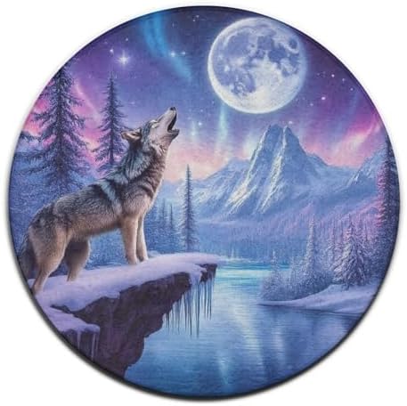 Home Decor Non Slip Kitchen Office Circle Rug, Machine Washable Modern Round Area Rug, Room Sofa Yoga Soft Round Carpet Snow Full Moon Wolves Pink Art, 36inch