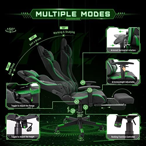 Gaming Chair High Back Ergonomic Computer Racing Chair Adjustable Office Chair with Footrest, Lumbar Support Swivel Chair - Upgraded Version Blackgreen