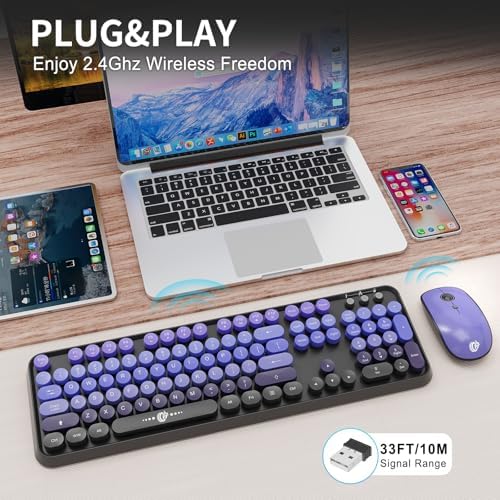 Purple Wireless Keyboard and Mouse Combo, Bubble Round Keys,for PC Laptop