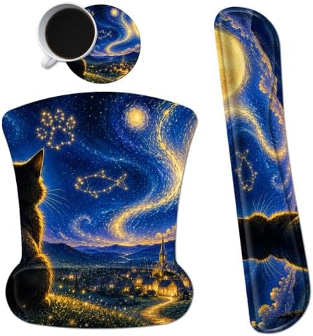3-in-1 Ergonomic Memory Foam Keyboard Wrist Rest Pad Set, Constellation Cat