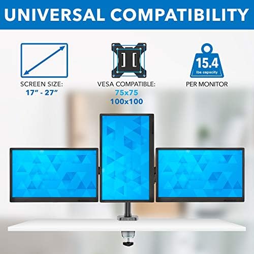 Mount-It! Triple Monitor Desk Mount with Full Motion Arms, 3 Monitor Riser with Gas Spring Arms for 27" Max Computer Screens, Sturdy Dual Clamp Base, Black