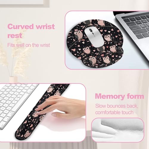 Cute Owl Pink Heart Keyboard Wrist Rest Pad Mouse Pad Set,Ergonomic Mousepad Wrist Support Memory Foam Desk Pad for Gaming Office,Non-Slip Rubber Base Easy Typing for Home Office Computers