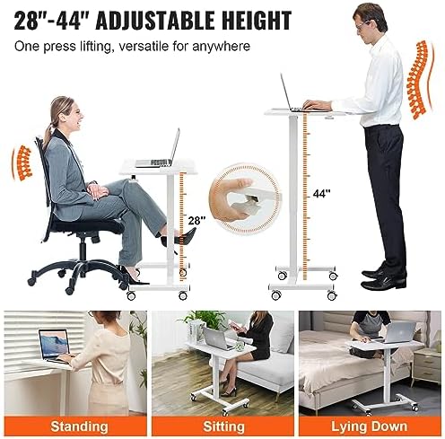 VEVOR Mobile Standing Desk, 28"-44" Gas-Spring Height Adjustable Sit-Stand Desk, 4 360° Swivel Wheels (2 Lockable) Portable Rolling Laptop Table Computer Cart for Home Office School, 40LBS Loading