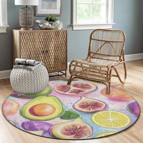 Home Decor Non Slip Kitchen Office Circle Rug, Machine Washable Modern Round Area Rug, Room Sofa Yoga Soft Round Carpet Different Fruits Summer Ornament Art, 36inch