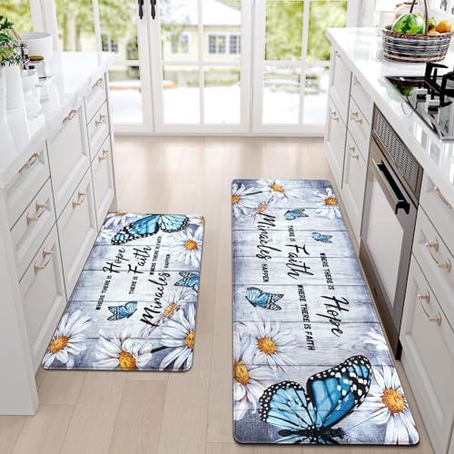 Likiyol Butterfly Floral Kitchen Rugs 2 Piece Farmhouse Kitchen Mats Cushioned Anti Fatigue, Non Slip Washable Kitchen Mats for Floor White Daisy Comfort Mat for Home Sink, 18'' x 30'' + 18'' x 48''