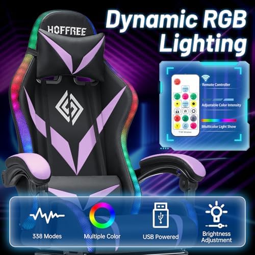 RGB Gaming Chair with Massage & Footrest Racing Style Computer Chair-Purple