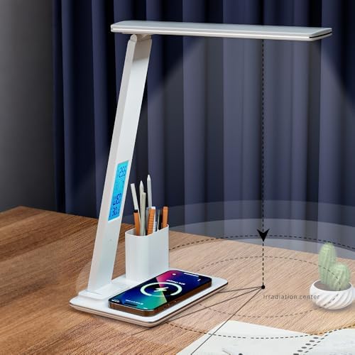 IHAO 7in1 Multi Functional Desk Lamp with Wireless Charger Digital Clock Fast Charging for Phone Earbuds Time/Date/Temp Display Alarm Clock 3 Light Modes Detachable Pen Brush Pot-HYT1771 White