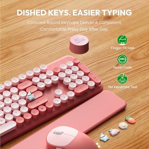 Wireless Keyboard and Mouse Combo, Typewriter Keyboard with Magnetic Wrist Rest, Full-Size Cute Round Keycaps, Sleep Mode, 2.4G Keyboards for Mac/Windows/PC, Office or Home, Trueque CK23Pro