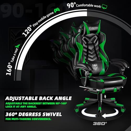 Vonesse Gaming Chair, Big and Tall Gaming Chair with Footrest and Massage, Gaming Chairs for Adults with Lumbar Support, Ergonomic High Back Computer Chair with Pocket Spring Cushion (Green/Black)