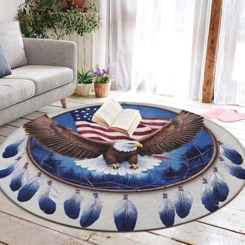 Large Round Area Rug Home Decor Modern Bathroom Rug Kitchen Office Circle Rug for Living Room Sofa Circle Cute Mat Boho Totem Native American Flag Eagle Dream Catcher, 60inch
