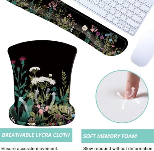 Keyboard Wrist Rest Pad Mouse Pad with Wrist Support Set of 3, Gaming Mousepad with Non-Slip Rubber Base, Ergonomic Memory Foam Mouse Cushion Support for Home Office Laptop Computer, Flowers Grass