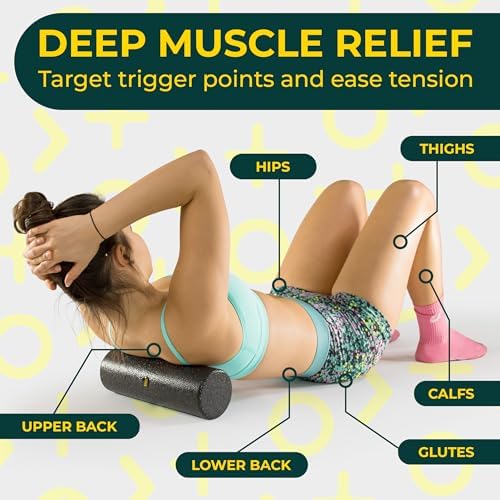 Deep Recovery Yoga Foam Roller for Physical Therapy & Exercise – Black Back Roller for Back Pain, Legs, and Shoulders, 12in x 4in Travel Size – Deep Tissue Massage for Myofascial Release