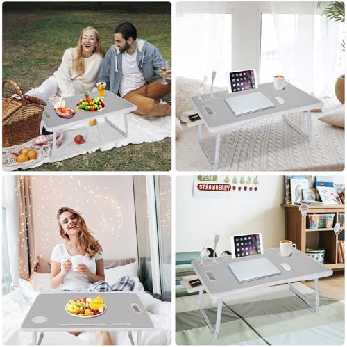Laptop Bed Table, Laptop Desk for Bed, Foldable Laptop Bed Desk with USB Charge Port, Handle, Desktop Card Slot, Cup Slot, Side Drawer, Portable Laptop Table for Bed Eating Reading Working