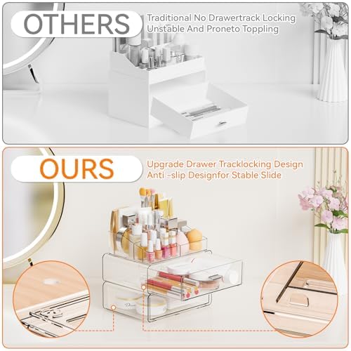 Yieach 3 Tier Clear Acrylic Makeup Organizers with Drawers,Tiered Countertop Make up Storage Organizer for Dresser Top and Bathroom Vanity,Plastic Makeup Stand for Brush,Skincare,Beauty Organizers