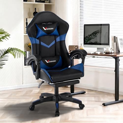 Gaming Chair for Adults, Ergonomic Computer Gaming Chair with Footrest & Lumbar Support, Height Adjustable 360° Swivel Reclining Home Office Desk Chair(Black & Blue)