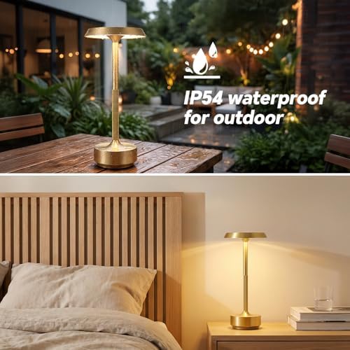 1 Pack Rechargeable Cordless Table Lamp, 5000mAh Battery Table Light 3 Color Stepless Dimming Portable LED Table Light with Memory Function, for Outdoor/Dinner/Patio/Restaurant.(Gold)