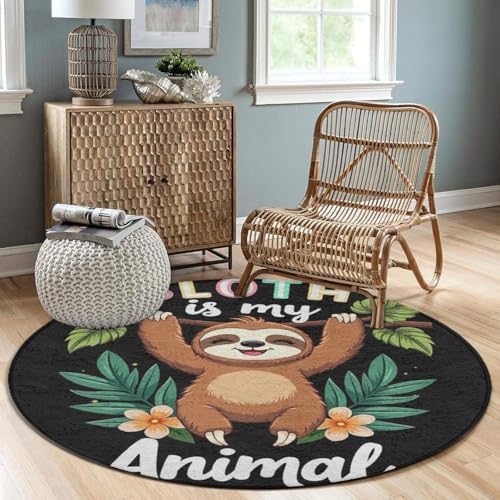 Soft Round Yoga Carpet, Large Home Decor Mat, Non Slip Machine Washable Kitchen Office Circle Rug Sloth Spirit