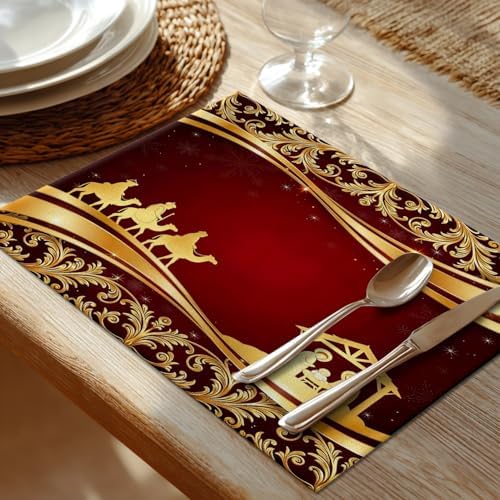 Shrahala Christian Christmas Golden Floral Set Of 4 12 X 18 Inch Linen Placemats , Christmas Wise Men Golden Star Bethlehem Burlap Table Mat Washable Double Layered Heat Insulation For Indoor/Outdoor