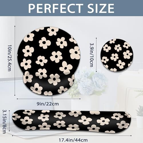 Ergonomic Keyboard and Mouse Wrist Rest Set, Abstract Black Flower Mouse Pad with Non Slip Base, Soft Cloth Surface for Office and Home Typing Support